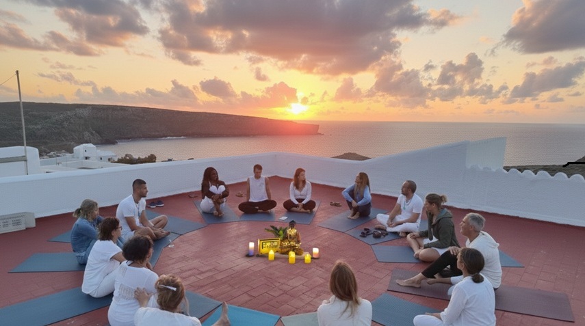 Weclome circle at Menorca Yoga Retreat during sunse, participants seated outdoors in a rooftop gatering